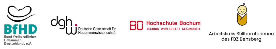 Logos von Hebammen- und Stillverbänden sowie der Hochschule Bochum als Zeichen fachlicher Mitgliedschaften und Qualifikationen.