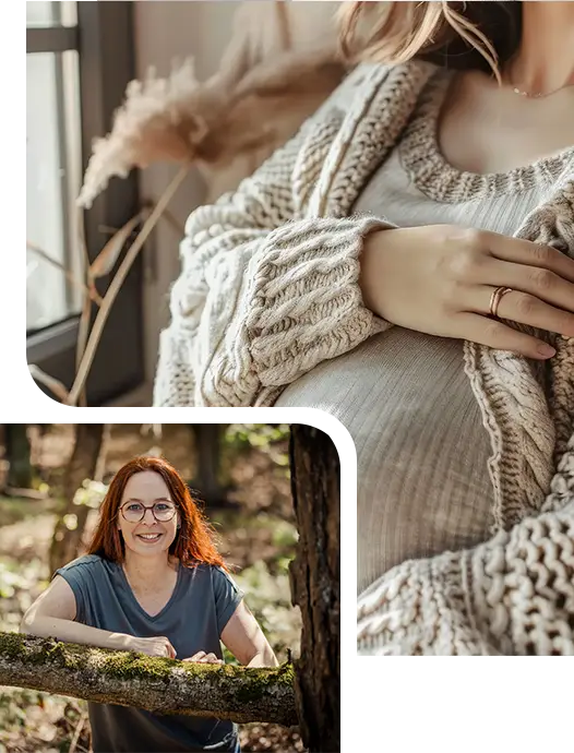 Schwangere Frau mit Strickjacke hält liebevoll ihren Babybauch und Hebamme Kai Esther Schlender im Wald mit natürlicher Atmosphäre und freundlichem Blick